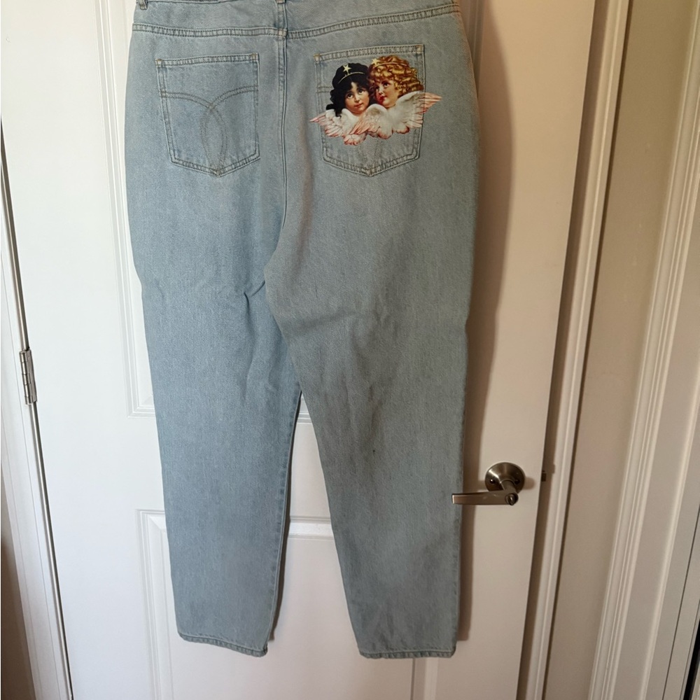 Fiorucci Light Blue Straight Leg Jeans with Angel Print